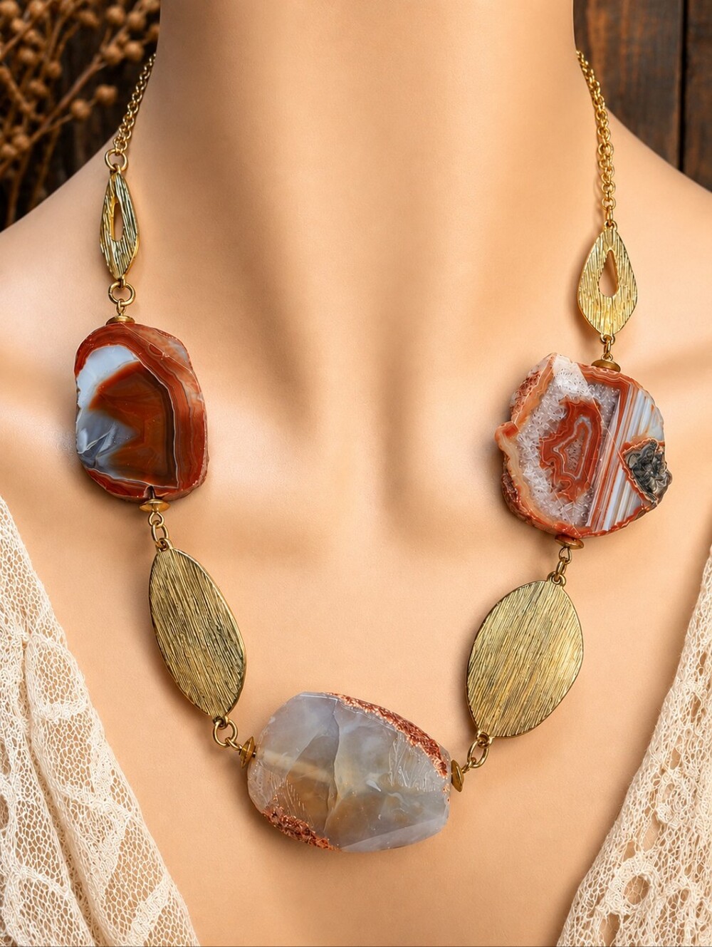 Orange Druzy Agate Slice Statement Necklace & Earrings Set